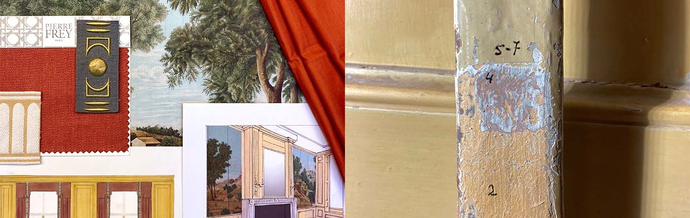 1. Mood board with design and materials for the new furnishings of the ‘Board Room’ 2. Design for the ‘Board Room’ with a new variation on the 18th-century landscape painting that was once there. 3. Colour research 