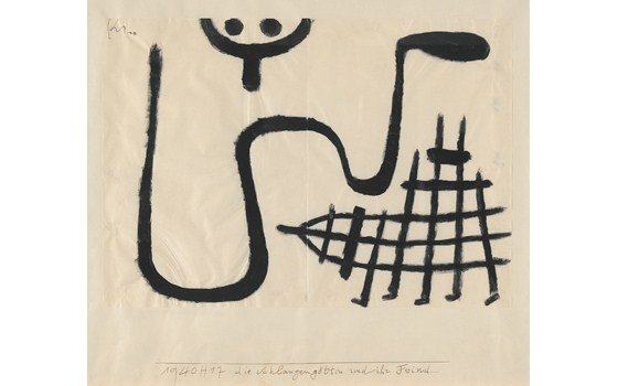 Die Schlangengöttin und ihr Feind (The Serpent Goddess and Her Enemy), 1940, Colored paste on paper on cardboard, 29.6 × 42 cm, Zentrum Paul Klee, Bern, private loan
