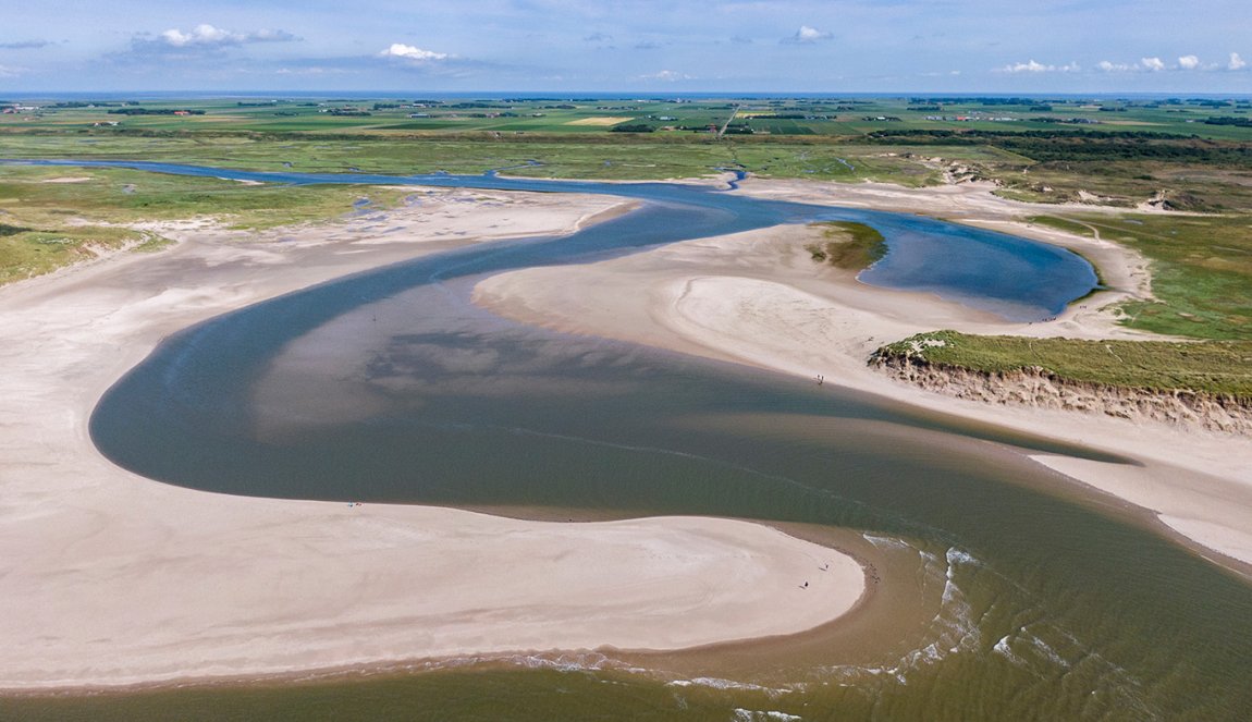 Aerial of the slufter national park with water inlet in the dunes of dutch island Texe