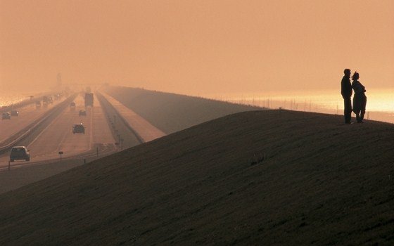 sunset on a 32km long dike in the middle of the sea