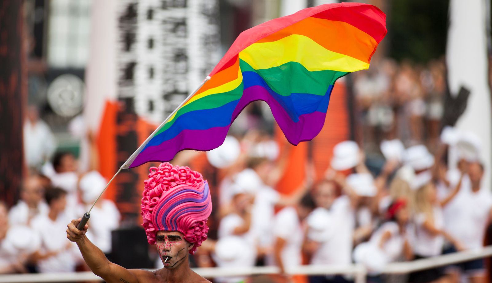 Rainbow flag during a Pride celebration in Amsterdam