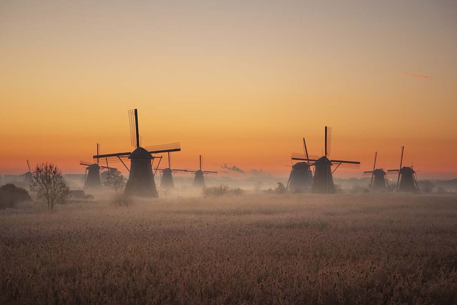 The windmills of Kinderdijk in the light of morning glory with a sunrise.