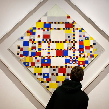 Painting Victory Boogie Woogie, unfinished painting by Dutch painter Piet Mondriaan. The Boogie Woogie can be seen at the Kunstmuseum Den Haag