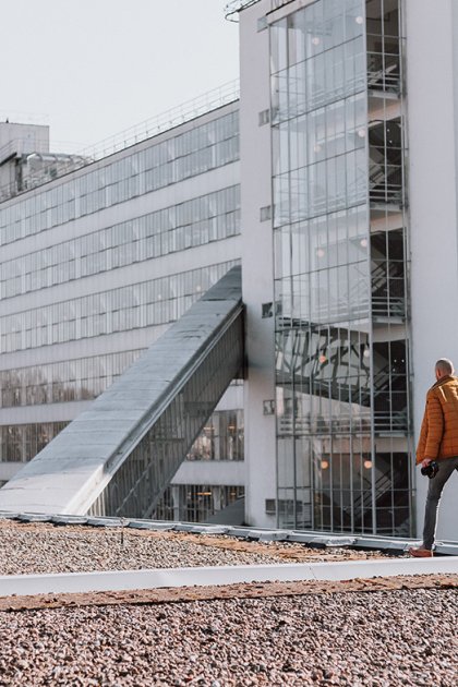 Van Nelle factory exterior with photographer
