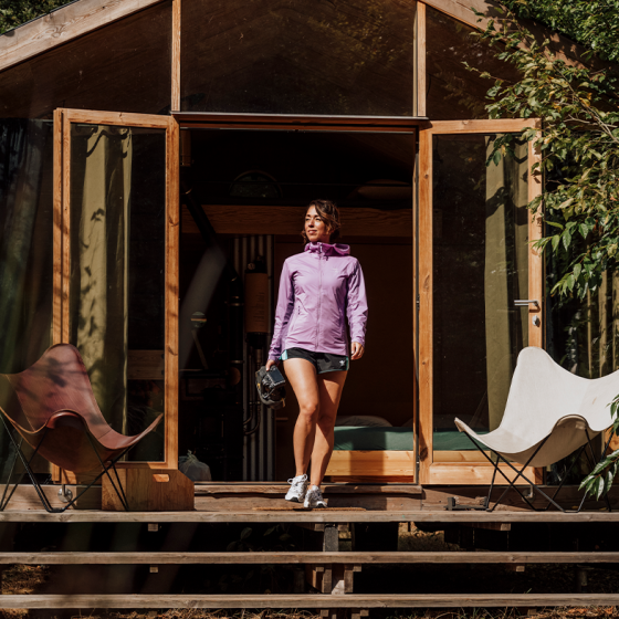 Woman walking out of Cabiner