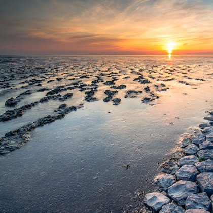 Mud flat of the 'waddenzee' during low tide under scenic dramatic sunset sky with clouds