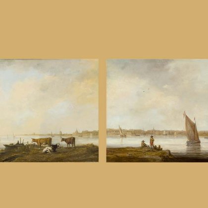 Links: Aelbert Cuyp, Riviergezicht bij Dordrecht, Los Angeles County Museum, ca. 1644-45, Los AngelesRechts: Aelbert Cuyp, Gezicht op Dordrecht, Museum der bildenden K&uuml;nste, ca. 1644-45, Leipzig.