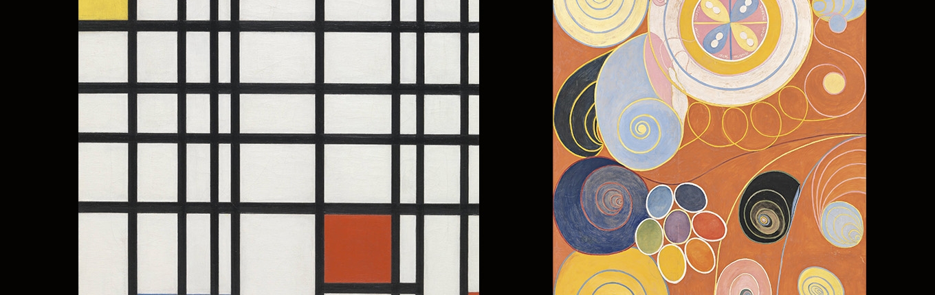 Piet Mondrian Composition with Red, Yellow and Blue c.1937-42 and Hilma af Klint, The Ten Largest, Group IV, No. 3, Youth, 1907 Piet Mondrian Composition with Red, Yellow and Blue c.1937-42 and Hilma af Klint, The Ten Largest, Group IV, No. 3, Youth, 1907