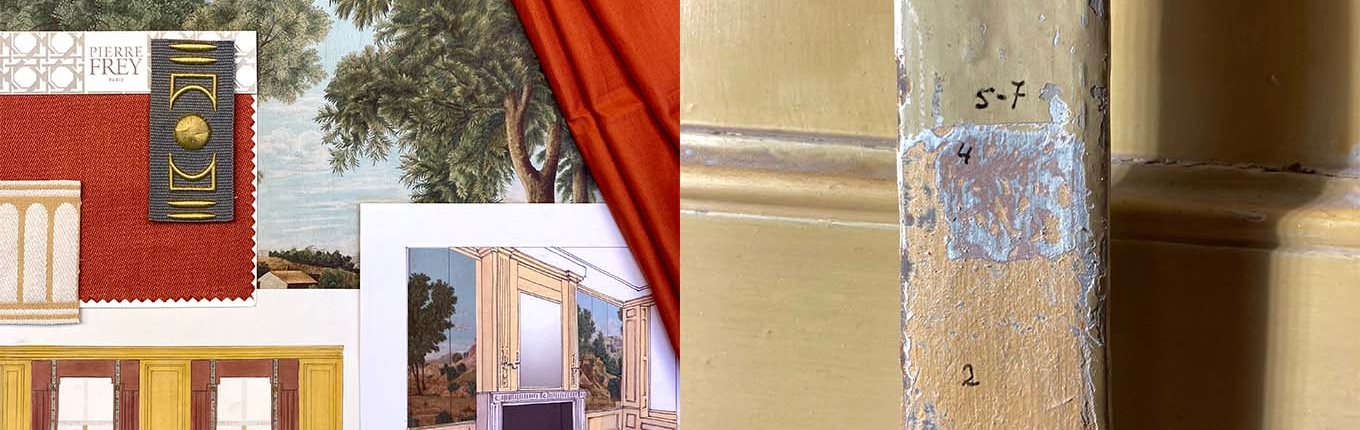 1. Mood board with design and materials for the new furnishings of the ‘Board Room’ 2. Design for the ‘Board Room’ with a new variation on the 18th-century landscape painting that was once there. 3. Colour research 1. Mood board with design and materials for the new furnishings of the ‘Board Room’ 2. Design for the ‘Board Room’ with a new variation on the 18th-century landscape painting that was once there. 3. Colour research