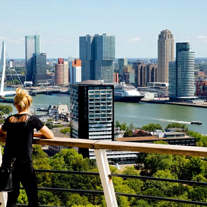Visitors view Rotterdam skyline from Euromast