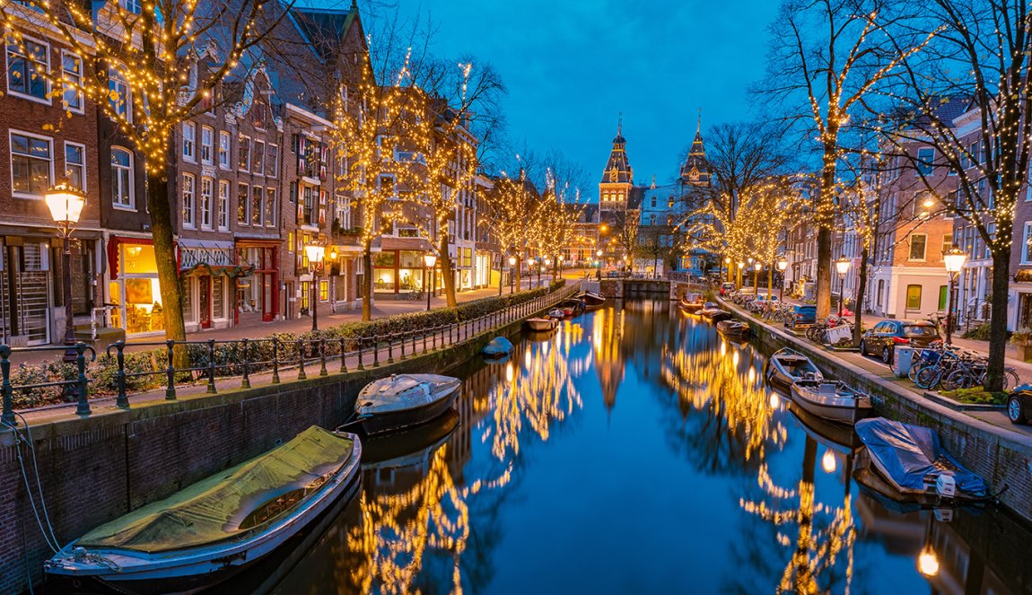 Amsterdam canals with Christmas lights during December