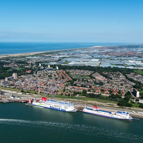 Aerial view of boats Stena Line Hollandica and Transporter in the harbour of Hoek van Holland