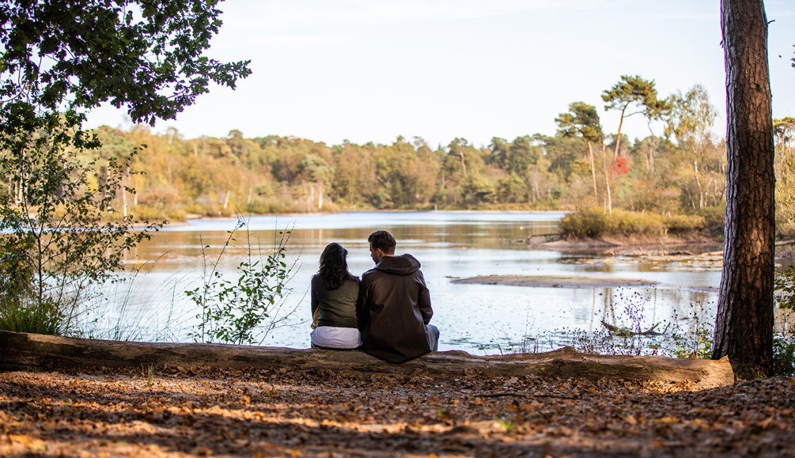 Couple sitting at the water in Oisterwijkse forest and ferns