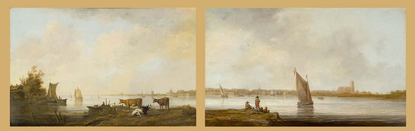 Links: Aelbert Cuyp, Riviergezicht bij Dordrecht, Los Angeles County Museum, ca. 1644-45, Los AngelesRechts: Aelbert Cuyp, Gezicht op Dordrecht, Museum der bildenden Künste, ca. 1644-45, Leipzig.