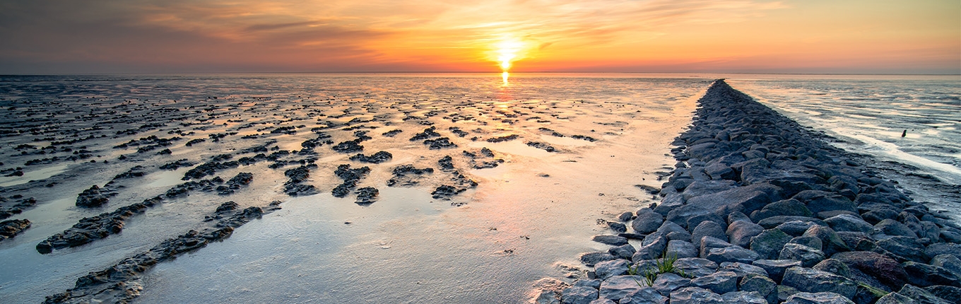 Mud flat of the 'waddenzee' during low tide under scenic dramatic sunset sky with clouds