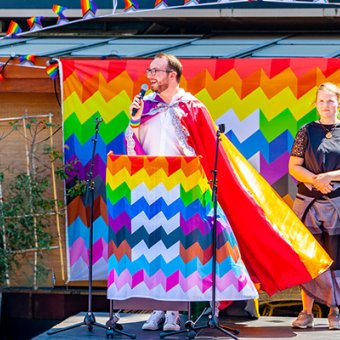 Benjamin Ector, co-founder of Eindhoven Pride, speaking at pride Walk