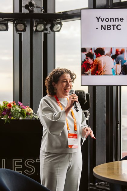 NBTC director Yvonne Nassar speaking at the Travel Trade Networking Event in Rotterdam.