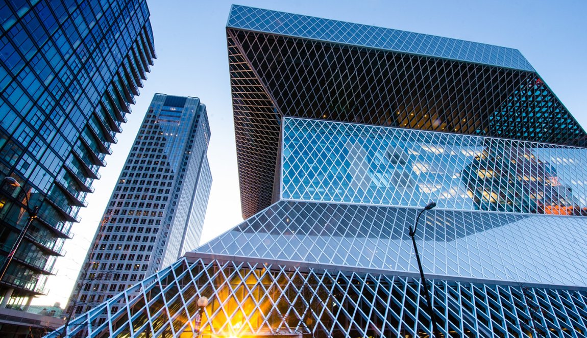 The award-winning geometric glass and steel design of the Seattle Central Library The award-winning geometric glass and steel design of the Seattle Central Library