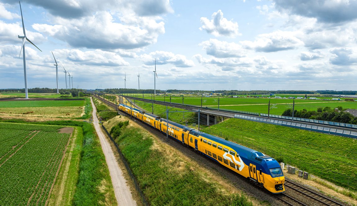 NS train through Dutch landscape with windmills