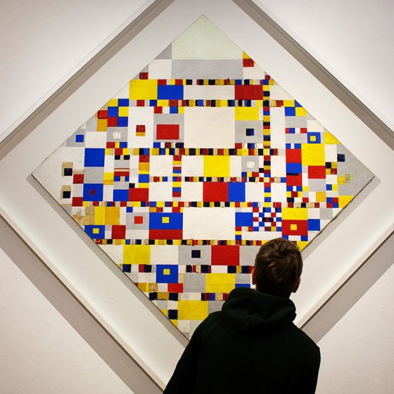 Painting Victory Boogie Woogie, unfinished painting by Dutch painter Piet Mondriaan. The Boogie Woogie can be seen at the Kunstmuseum Den Haag