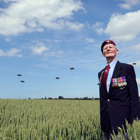 Veteran looking at parachutists