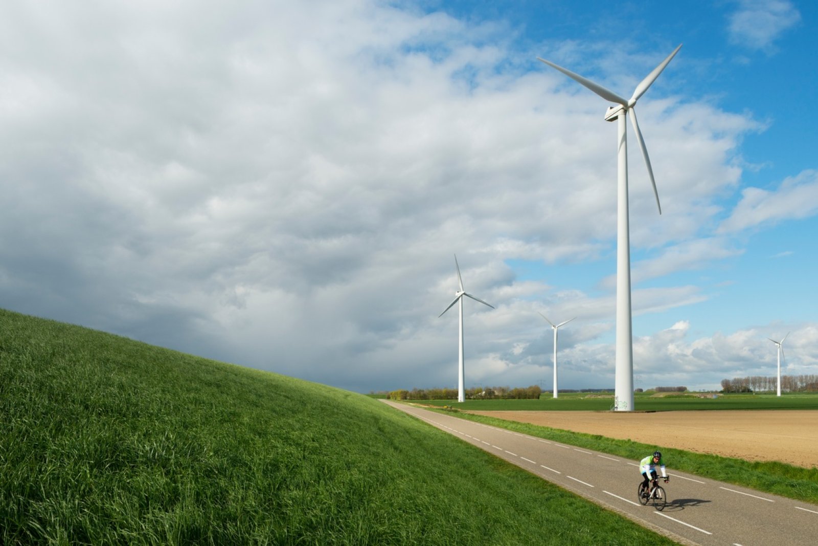 Cyclist next to wind turbines