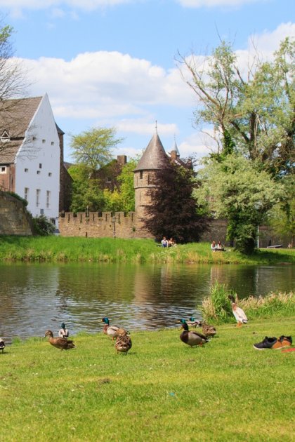 Person relaxing by the water beside Maastricht&rsquo;s historic city walls and green park