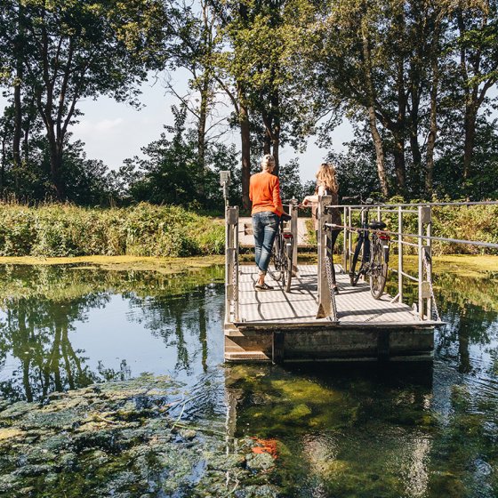 Cycling on the ferry across the Overijssel Canal 