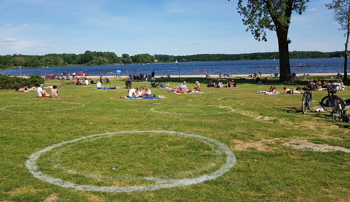 Kralingse park in Rotterdam with social distancing circles