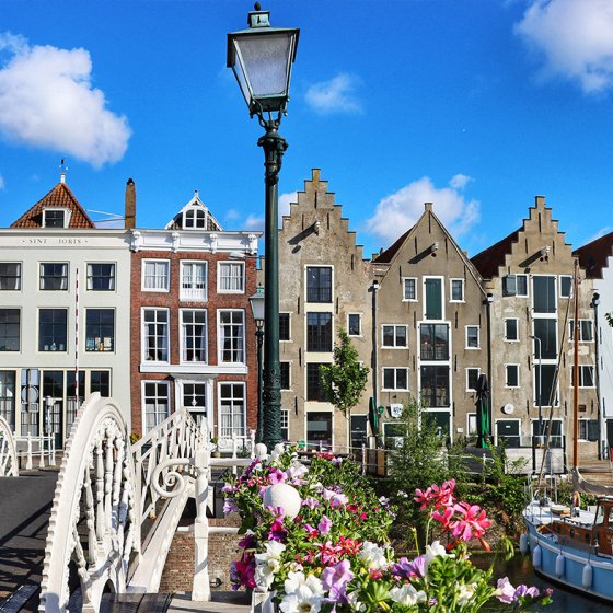 Spijkerbrug Middelburg with houses and boats