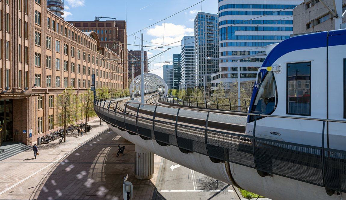 Elevated tram line along The Hague offices