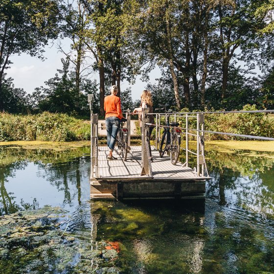 Cyclists using a bicycle ferry along a scenic cycling route in Salland, the Netherlands