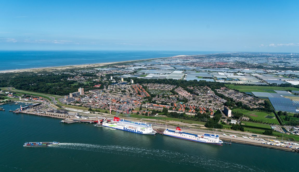 Aerial view of boats Stena Line Hollandica and Transporter in the harbour of Hoek van Holland