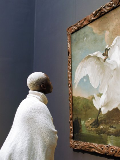 Woman views painting The endangered swan at Rijksmuseum. Painted by Dutch artist Jan Asselijn ca. 1650