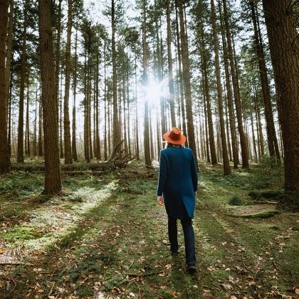 Woman walks through the Bergherbos forest in the Achterhoek region