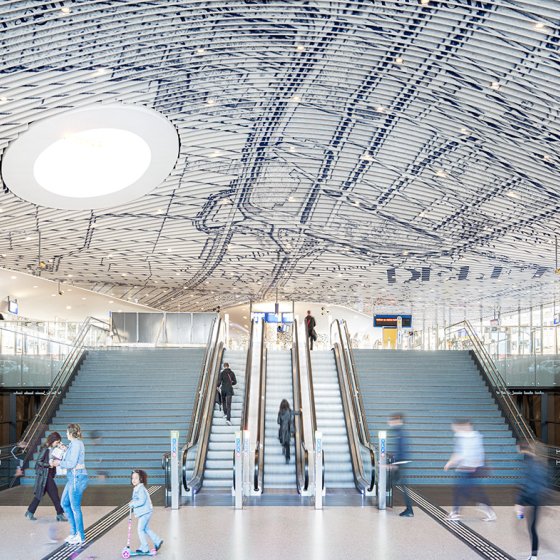 Station Delft with aluminium slats depicting a historic city map of Delft