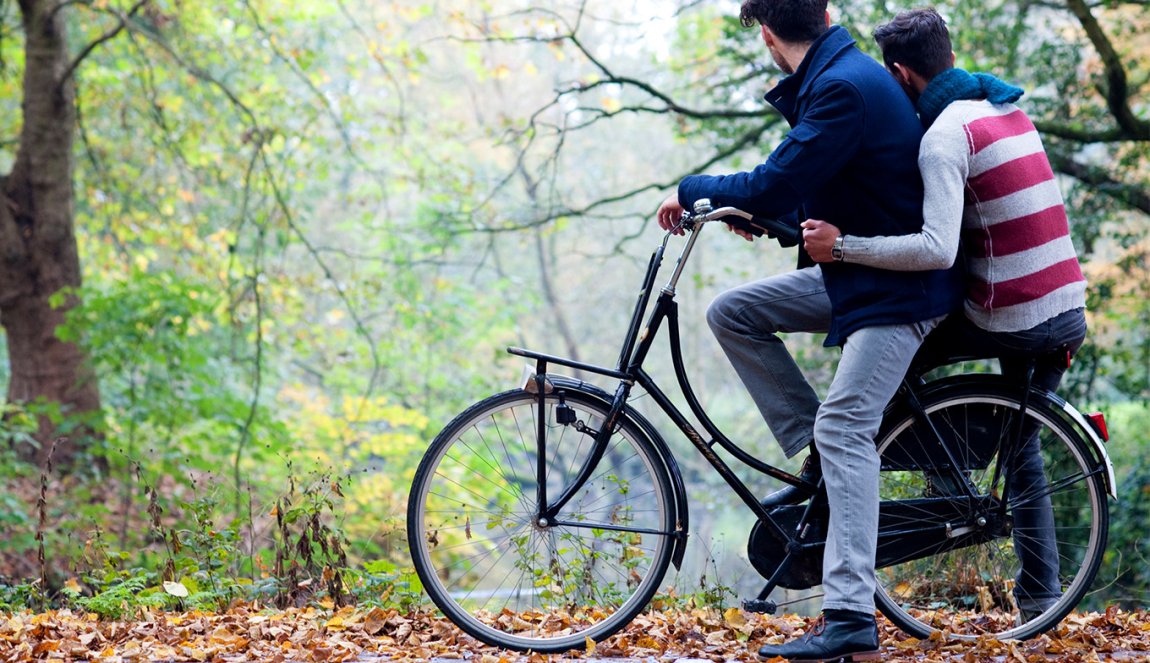 Two boys on bikes in the woods, fall Two boys on bikes in the woods, fall
