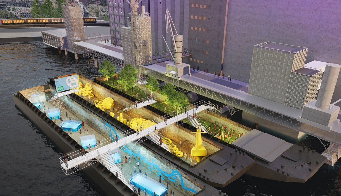 The festival heart consists of three huge floating barges The festival heart consists of three huge floating barges