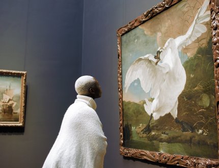 Woman views painting The endangered swan at Rijksmuseum. Painted by Dutch artist Jan Asselijn ca. 1650 Woman views painting The endangered swan at Rijksmuseum. Painted by Dutch artist Jan Asselijn ca. 1650