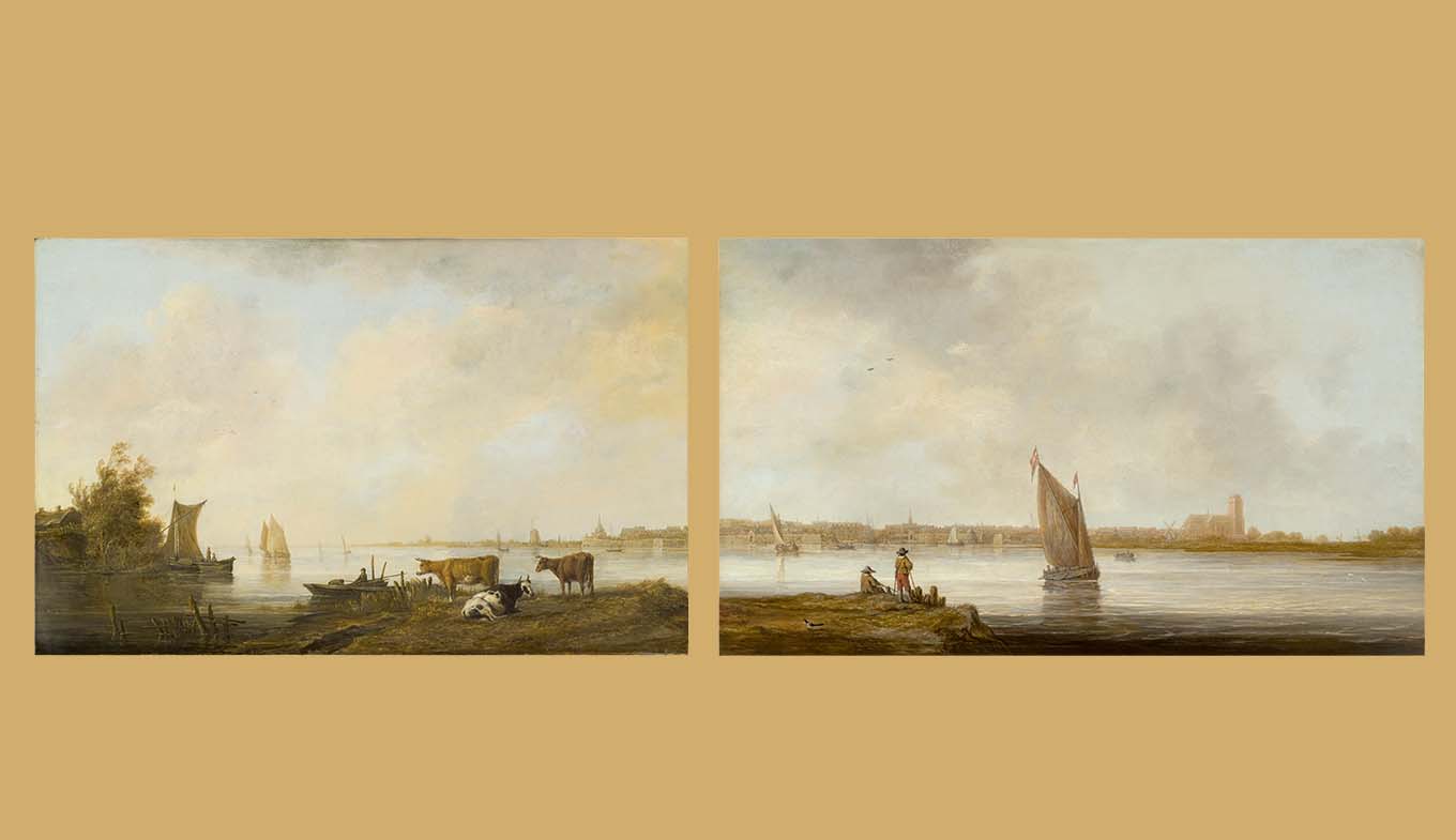 Links: Aelbert Cuyp, Riviergezicht bij Dordrecht, Los Angeles County Museum, ca. 1644-45, Los AngelesRechts: Aelbert Cuyp, Gezicht op Dordrecht, Museum der bildenden Künste, ca. 1644-45, Leipzig.