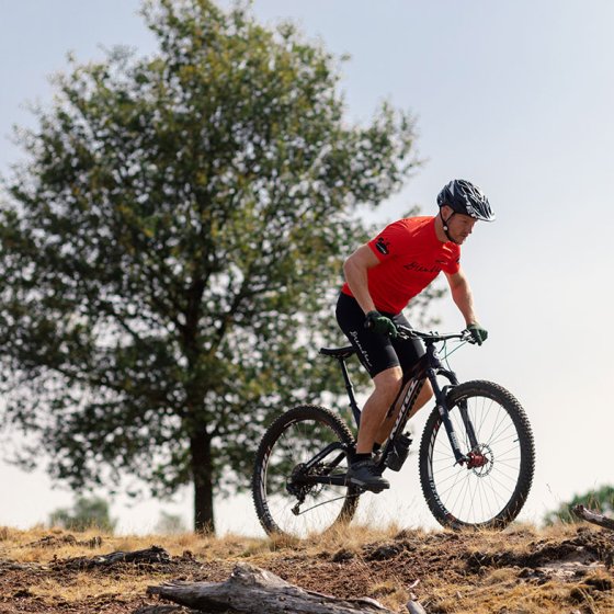 Cyclist on a mountainbike in Drents-Friese Wold   