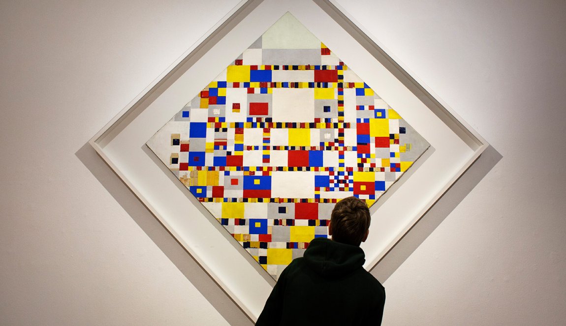 Painting Victory Boogie Woogie, unfinished painting by Dutch painter Piet Mondriaan. The Boogie Woogie can be seen at the Kunstmuseum Den Haag