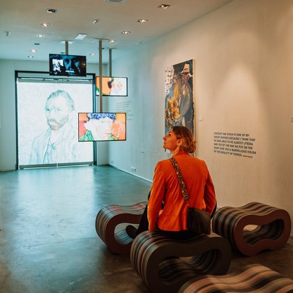 Lady looks at exhibition in Vincent van Gogh House