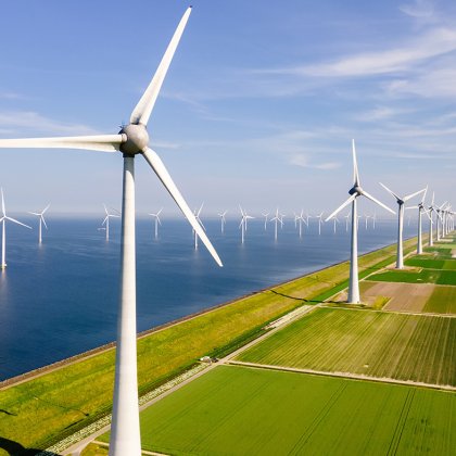 Windmills turbines generating electricity, green energy the Netherlands
