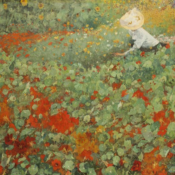 Artists during the Tachtigers movement, were inspired by impressionism. Van Looy painted the canvas outside, in Amsterdam's Pijp district, in a little garden on Rustenburgerstraat. The woman in the background is Van Looy's wife, Titia van Gelder