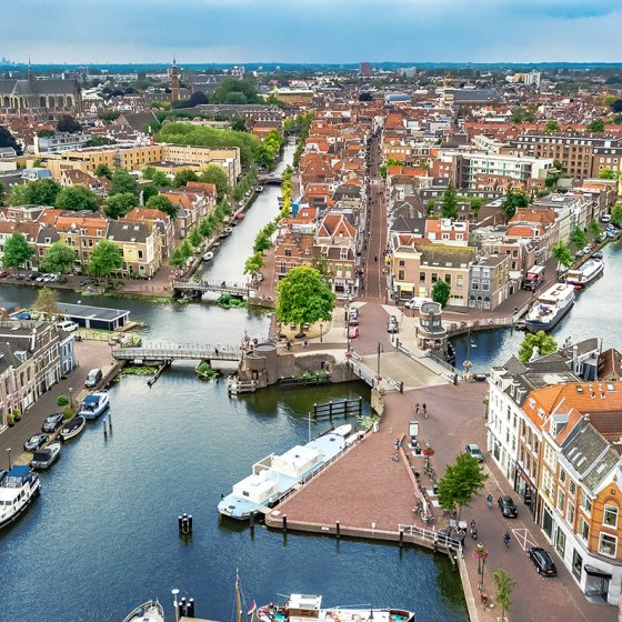 Aerial drone view of Leiden town cityscape from above