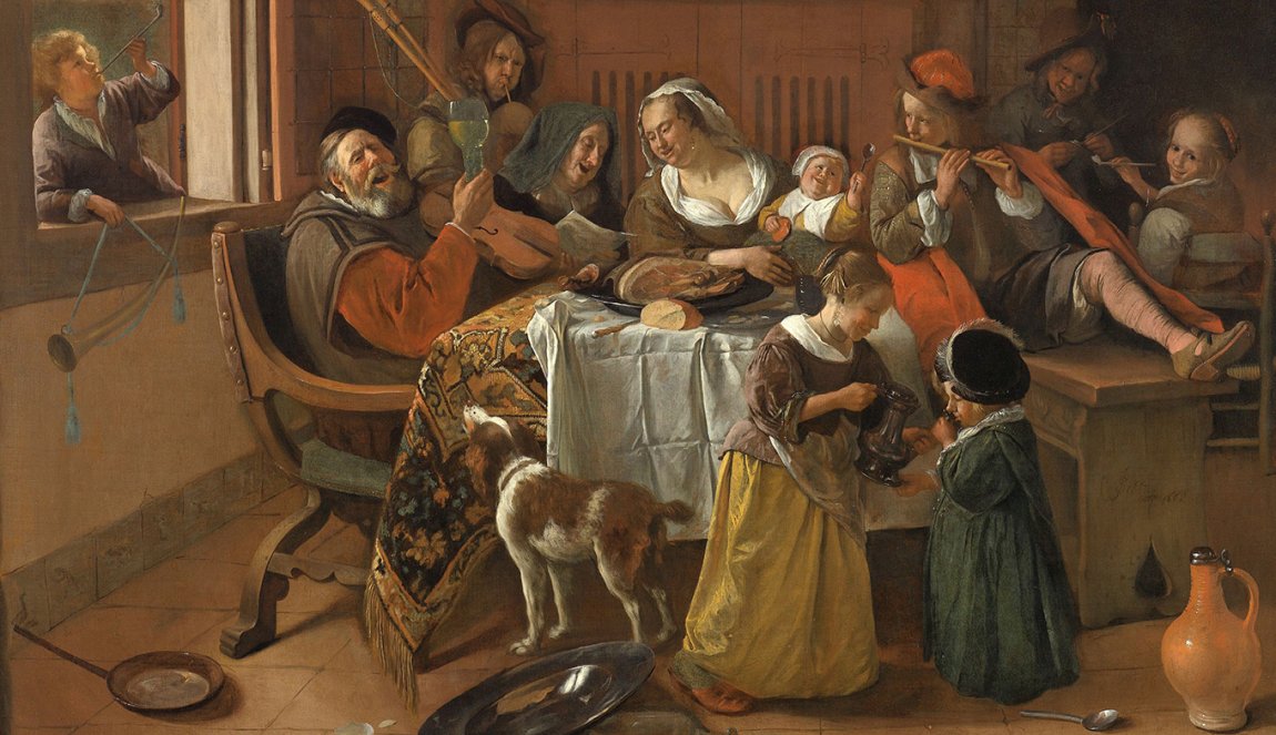 Jan Steen (1626 - 1679) was a Dutch painter of the 17th century. His work is world famous for his humorous and ironic outlook on life. He is best known for his amusing paintings of a messy and wild household