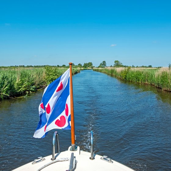 Boat with flag of Friesland sailing through the Alde Feanen National Park
