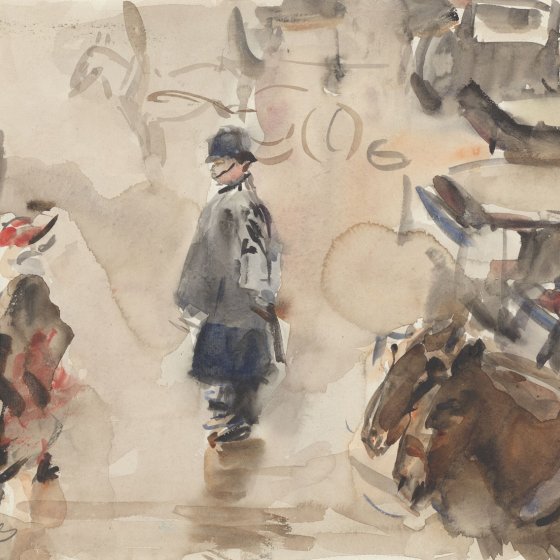 Isaac Israels painting London street scene in rainy weather