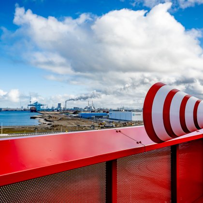 View from Portlantis over Prinses Amaliahaven in the Port of Rotterdam, highlighting contemporary Dutch architecture and harbour innovation